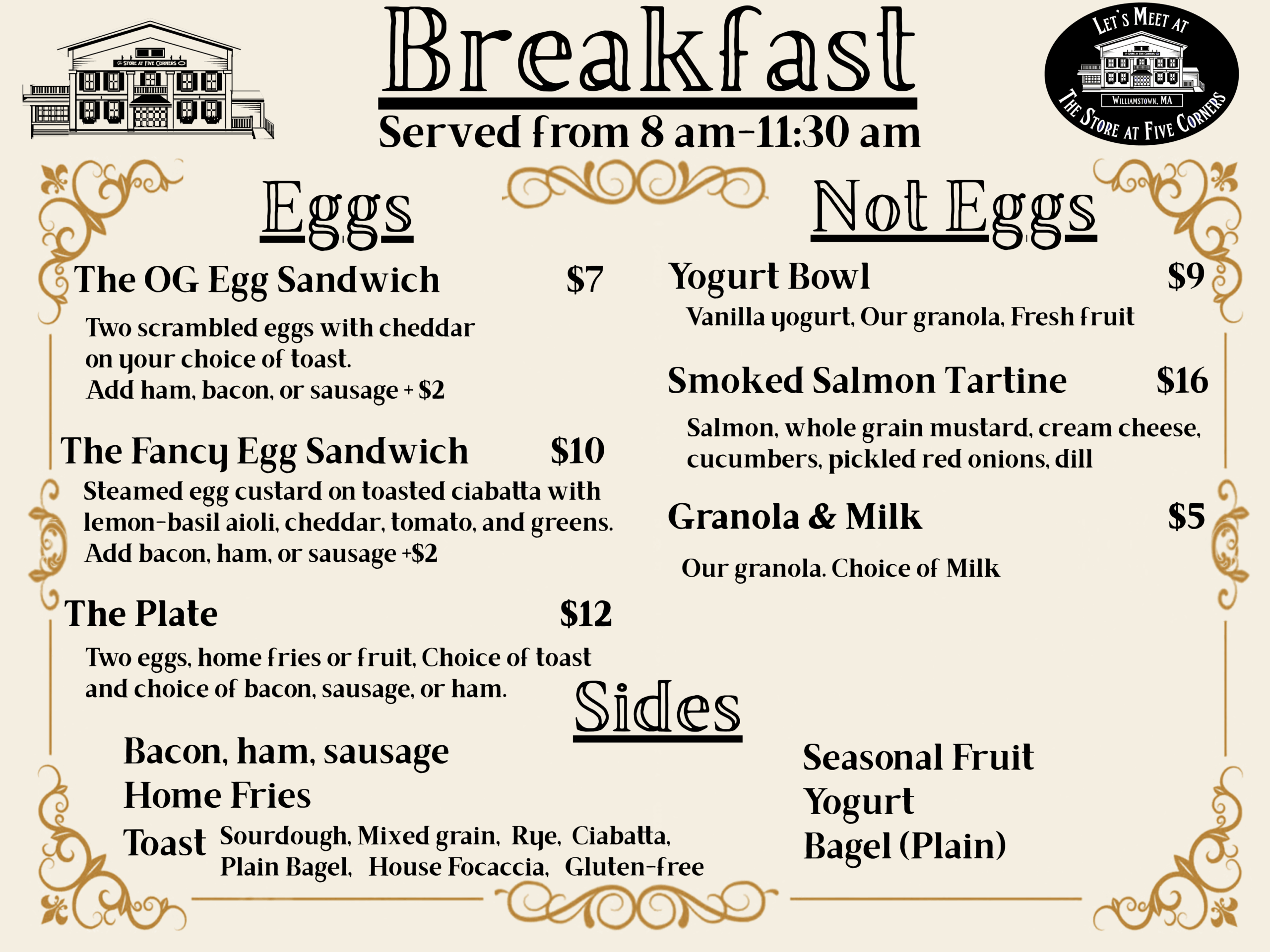 Breakfast Menu - Served from 8 am - 11:30 am